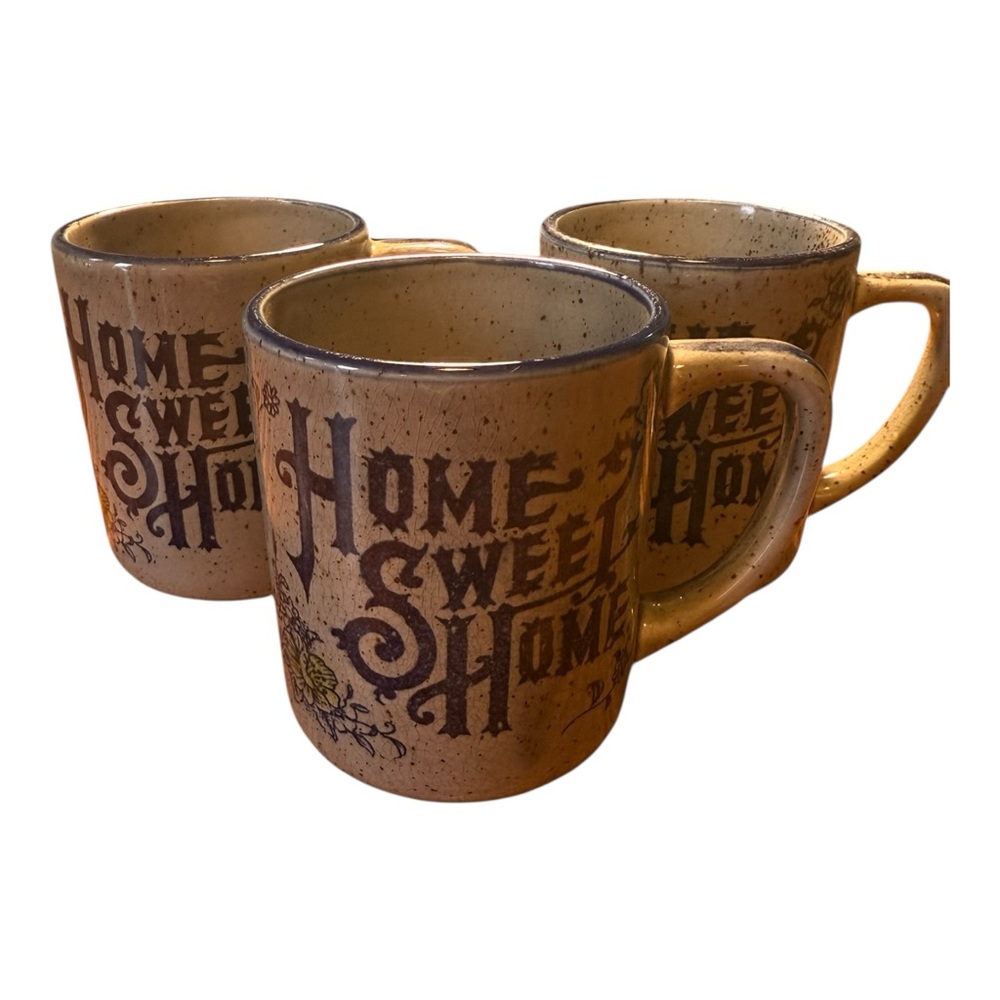 1970's Home Sweet Home 3 Coffee Cup/Mugs Stoneware, Gray /Blue, Collectable VTG.
